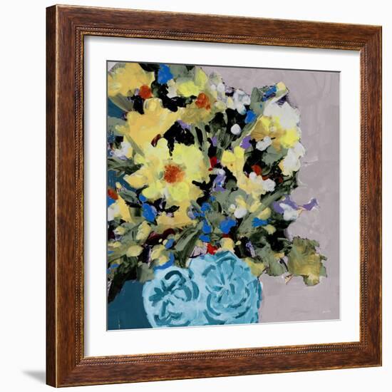 Yellow Daisies In Blue Vase-Jane Slivka-Framed Art Print