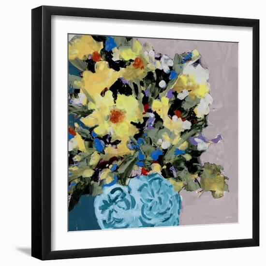 Yellow Daisies In Blue Vase-Jane Slivka-Framed Art Print