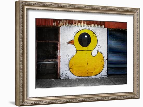 Yellow Duck on Brick Wall in Brooklyn NY--Framed Photo