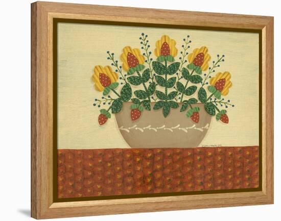 Yellow Flowers with Pumpkin Colored Tablecloth-Debbie McMaster-Framed Premier Image Canvas