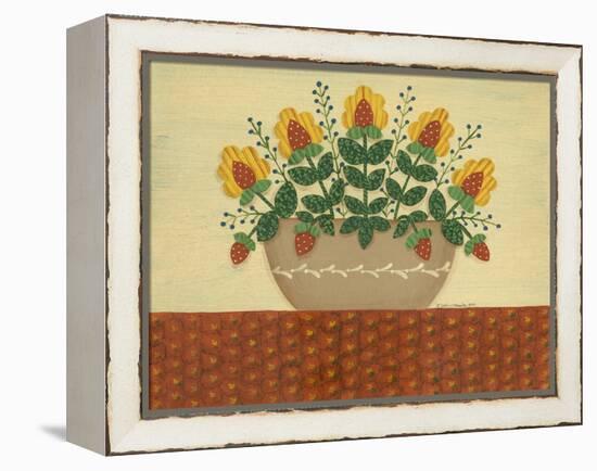 Yellow Flowers with Pumpkin Colored Tablecloth-Debbie McMaster-Framed Premier Image Canvas