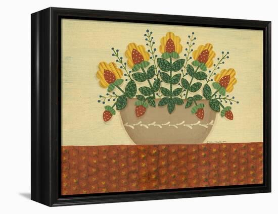 Yellow Flowers with Pumpkin Colored Tablecloth-Debbie McMaster-Framed Premier Image Canvas