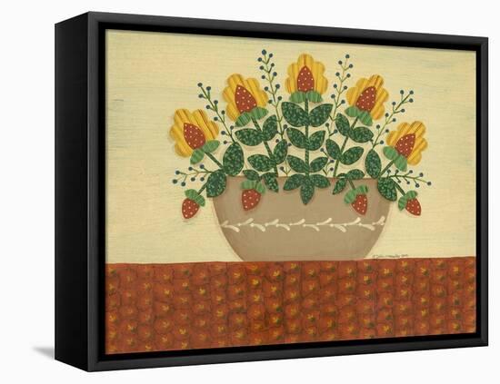 Yellow Flowers with Pumpkin Colored Tablecloth-Debbie McMaster-Framed Premier Image Canvas