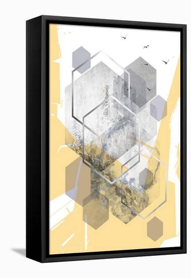 Yellow Grey Abstract Hexagons 1-Urban Epiphany-Framed Stretched Canvas