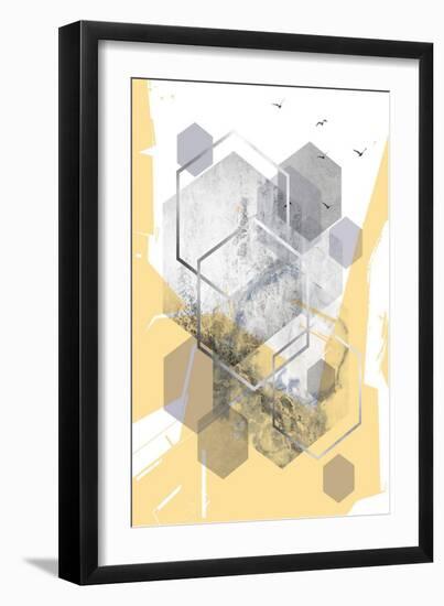 Yellow Grey Abstract Hexagons 1-Urban Epiphany-Framed Art Print