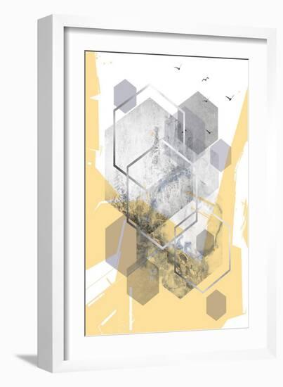 Yellow Grey Abstract Hexagons 1-Urban Epiphany-Framed Art Print