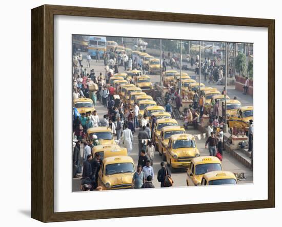 Yellow Kolkata Taxis and Commuters at Howrah Railway Station, Howrah, Kolkata (Calcutta), India-Annie Owen-Framed Photographic Print