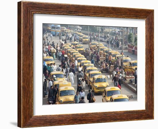 Yellow Kolkata Taxis and Commuters at Howrah Railway Station, Howrah, Kolkata (Calcutta), India-Annie Owen-Framed Photographic Print