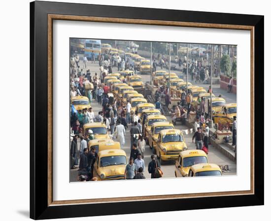 Yellow Kolkata Taxis and Commuters at Howrah Railway Station, Howrah, Kolkata (Calcutta), India-Annie Owen-Framed Photographic Print