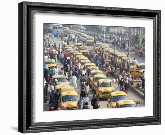 Yellow Kolkata Taxis and Commuters at Howrah Railway Station, Howrah, Kolkata (Calcutta), India-Annie Owen-Framed Photographic Print