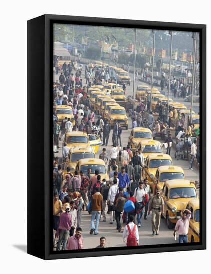 Yellow Kolkata Taxis and Commuters at Howrah Railway Station, Howrah, Kolkata (Calcutta), India-Annie Owen-Framed Premier Image Canvas