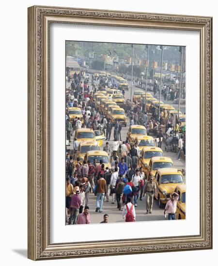 Yellow Kolkata Taxis and Commuters at Howrah Railway Station, Howrah, Kolkata (Calcutta), India-Annie Owen-Framed Photographic Print