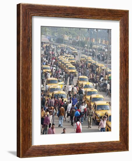 Yellow Kolkata Taxis and Commuters at Howrah Railway Station, Howrah, Kolkata (Calcutta), India-Annie Owen-Framed Photographic Print