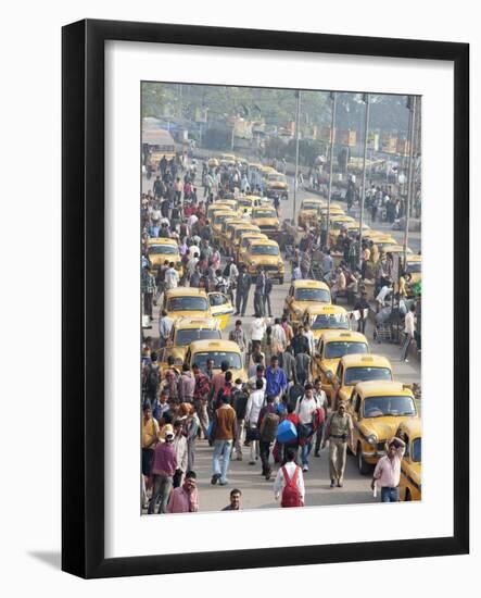 Yellow Kolkata Taxis and Commuters at Howrah Railway Station, Howrah, Kolkata (Calcutta), India-Annie Owen-Framed Photographic Print