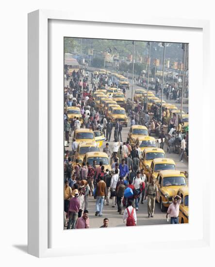 Yellow Kolkata Taxis and Commuters at Howrah Railway Station, Howrah, Kolkata (Calcutta), India-Annie Owen-Framed Photographic Print