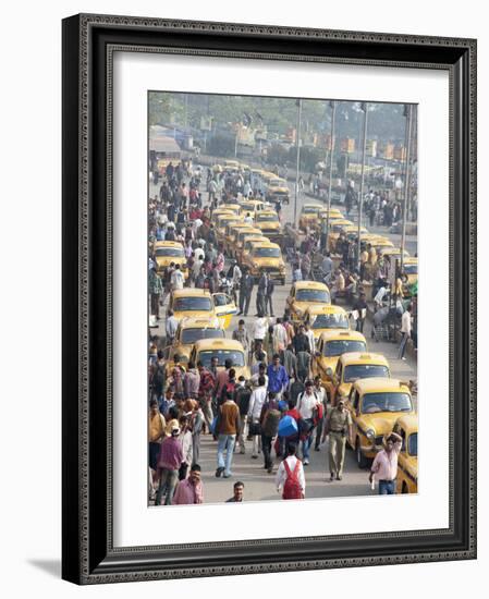 Yellow Kolkata Taxis and Commuters at Howrah Railway Station, Howrah, Kolkata (Calcutta), India-Annie Owen-Framed Photographic Print