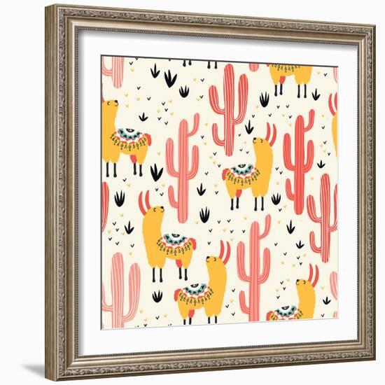 Yellow Llamas and Red Cacti Pattern-Lidiebug-Framed Art Print