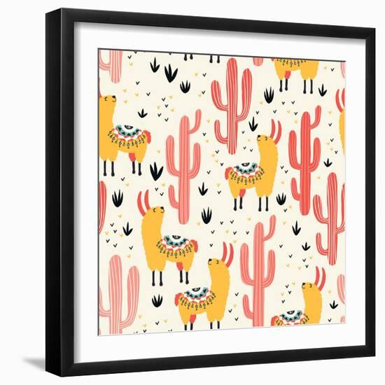 Yellow Llamas and Red Cacti Pattern-Lidiebug-Framed Art Print