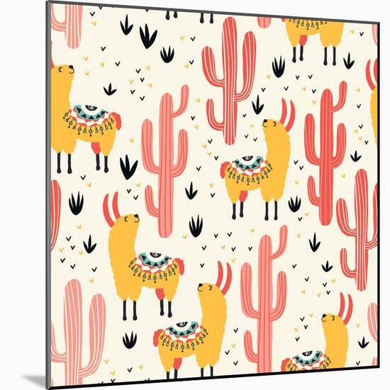 Yellow Llamas and Red Cacti Pattern-Lidiebug-Mounted Art Print