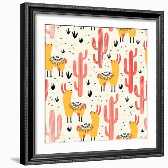 Yellow Llamas and Red Cacti Pattern-Lidiebug-Framed Art Print