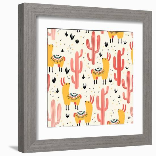 Yellow Llamas and Red Cacti Pattern-Lidiebug-Framed Art Print