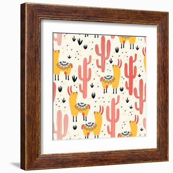 Yellow Llamas and Red Cacti Pattern-Lidiebug-Framed Art Print