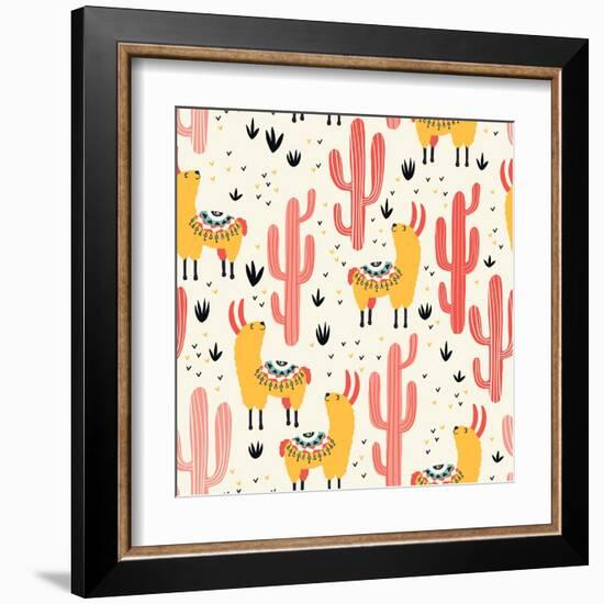 Yellow Llamas and Red Cacti Pattern-Lidiebug-Framed Art Print