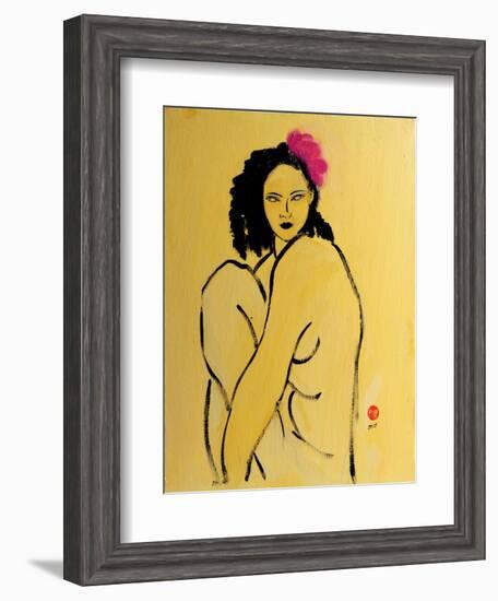 Yellow Nude with Pink Hibiscus Seated (II), 2015-Susan Adams-Framed Giclee Print