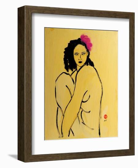 Yellow Nude with Pink Hibiscus Seated (II), 2015-Susan Adams-Framed Giclee Print