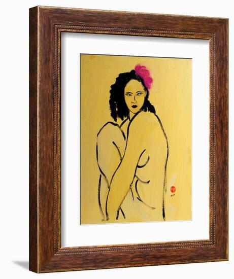 Yellow Nude with Pink Hibiscus Seated (II), 2015-Susan Adams-Framed Giclee Print