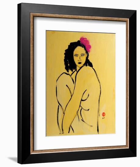 Yellow Nude with Pink Hibiscus Seated (II), 2015-Susan Adams-Framed Giclee Print