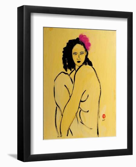 Yellow Nude with Pink Hibiscus Seated (II), 2015-Susan Adams-Framed Giclee Print