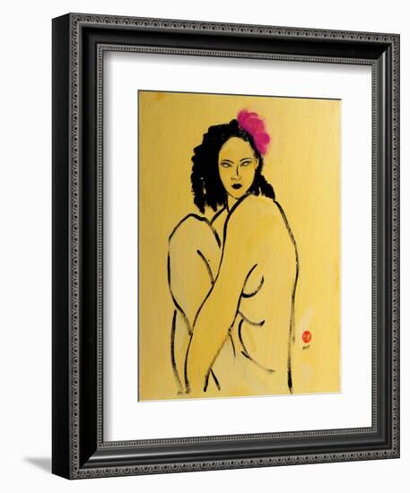 Yellow Nude with Pink Hibiscus Seated (II), 2015-Susan Adams-Framed Giclee Print