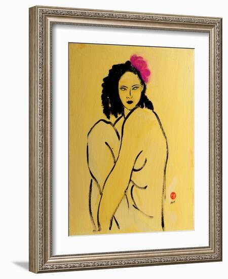 Yellow Nude with Pink Hibiscus Seated (II), 2015-Susan Adams-Framed Giclee Print