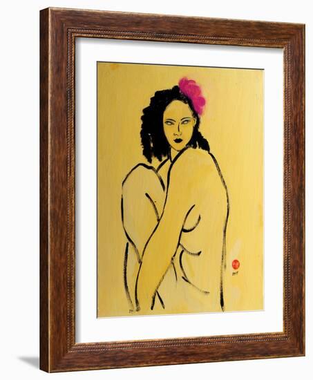 Yellow Nude with Pink Hibiscus Seated (II), 2015-Susan Adams-Framed Giclee Print