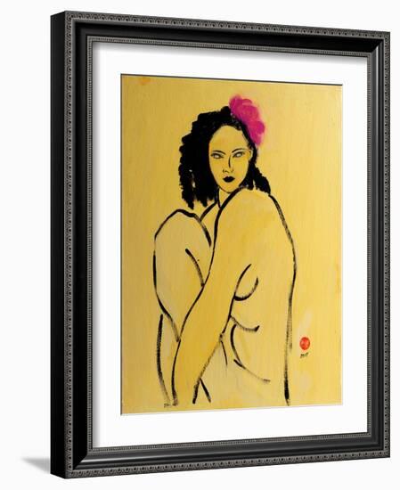 Yellow Nude with Pink Hibiscus Seated (II), 2015-Susan Adams-Framed Giclee Print