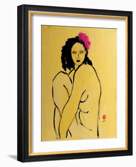 Yellow Nude with Pink Hibiscus Seated (II), 2015-Susan Adams-Framed Giclee Print