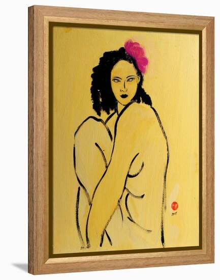 Yellow Nude with Pink Hibiscus Seated (II), 2015-Susan Adams-Framed Premier Image Canvas
