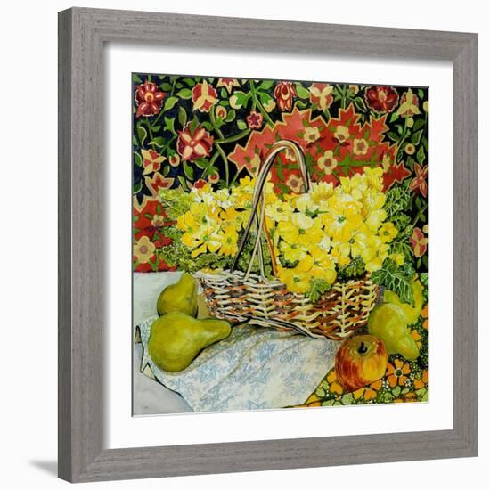 Yellow Primroses in a Basket, with Fruit and Textiles, 2010-Joan Thewsey-Framed Giclee Print