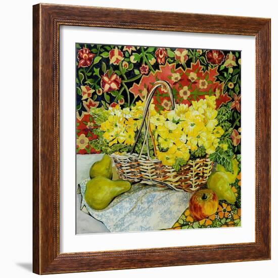 Yellow Primroses in a Basket, with Fruit and Textiles, 2010-Joan Thewsey-Framed Giclee Print