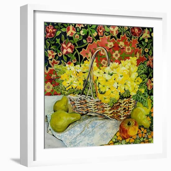 Yellow Primroses in a Basket, with Fruit and Textiles, 2010-Joan Thewsey-Framed Giclee Print