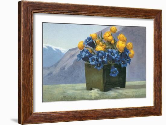 Yellow Ranunculus and Bluebells-null-Framed Art Print