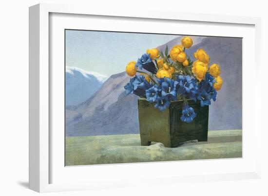 Yellow Ranunculus and Bluebells-null-Framed Art Print