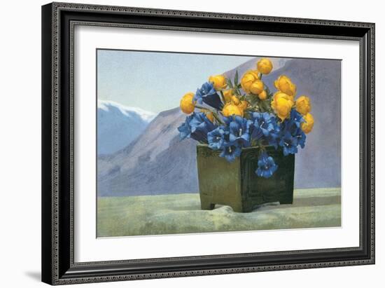 Yellow Ranunculus and Bluebells-null-Framed Art Print