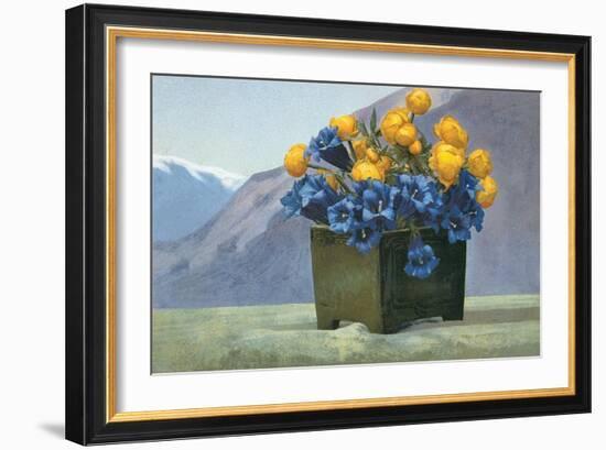 Yellow Ranunculus and Bluebells-null-Framed Art Print