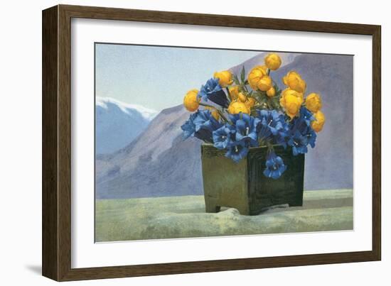 Yellow Ranunculus and Bluebells-null-Framed Premium Giclee Print