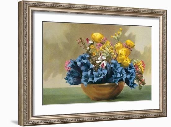 Yellow Ranunculus and Bluebells-null-Framed Art Print