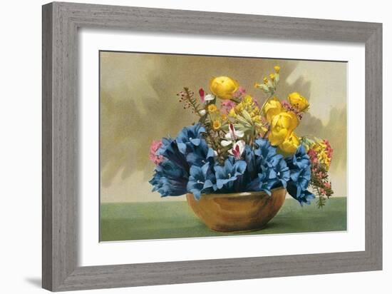 Yellow Ranunculus and Bluebells-null-Framed Art Print