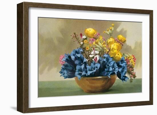 Yellow Ranunculus and Bluebells-null-Framed Art Print