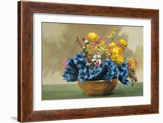 Yellow Ranunculus and Bluebells-null-Framed Art Print